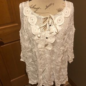 Cold shoulder white lace blouse